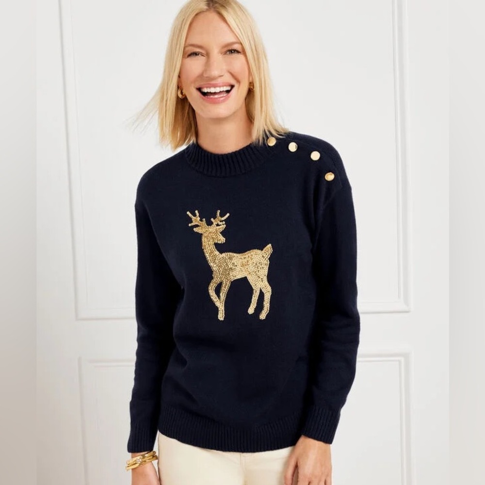 NWT Talbots Button Mockneck Sweater Sequin Deer
